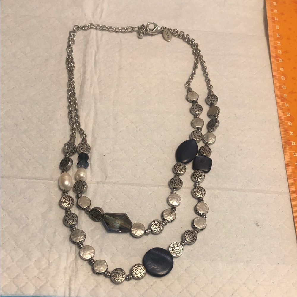 Silver-Tone Multi-Bead Layered Necklace with Black and Pearl Accents